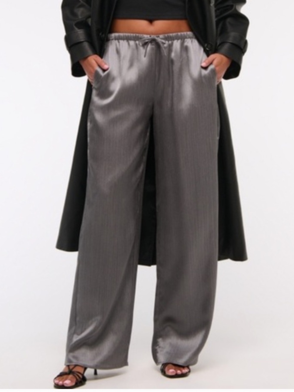 Abercrombie & Fitch Gunmetal Satin Wide Leg Pants Silky Drawstring Size Medium